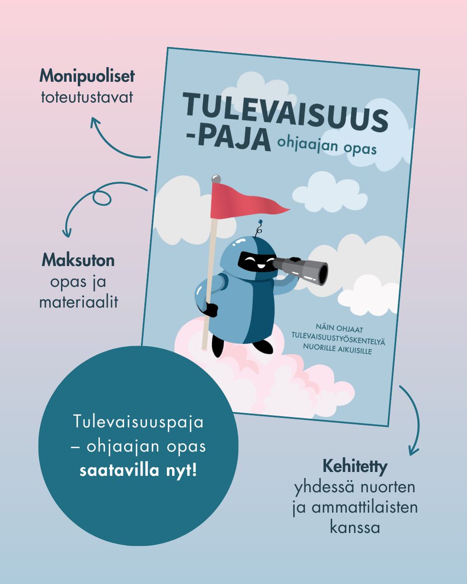 Ohjaaja, nappaa matkaan #Tulevaisuuspaja-opas,  jonka avulla toteutat työpajan nuorille tai muille asiakasryhmillesi. Menetelmä herättelee #tulevaisuusajattelu'a ja kirkastaa mielikuvia omasta toivottavasta tulevaisuudesta. dila.fi/tulevaisuuspaj…
<a href="/LahdenD/">lahden_diakonialaitos</a> <a href="/UniTurku/">Turun yliopisto - University of Turku</a> <a href="/FFRC_Tutu/">Finland Futures Research Centre</a>