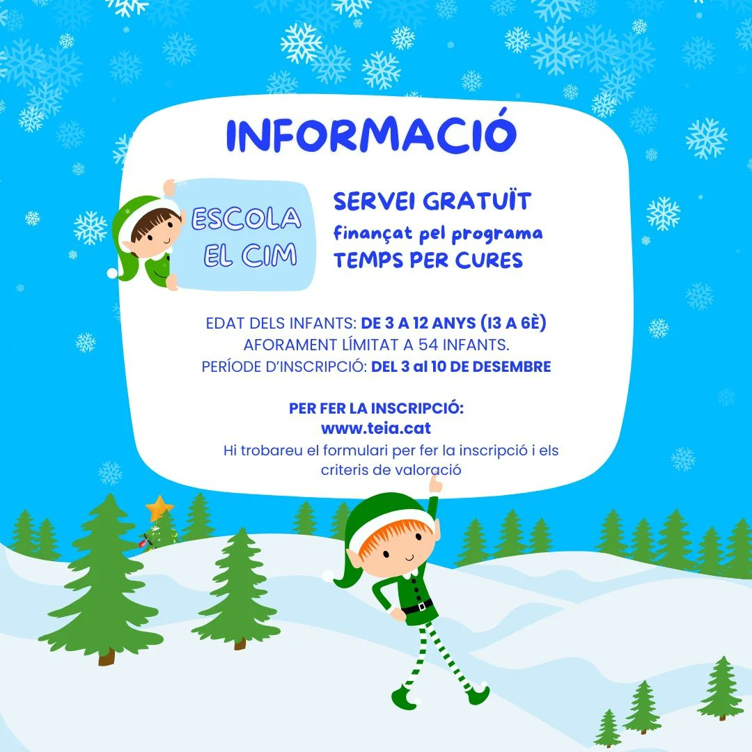 🌟 #Teià organitza un Casal de Nadal per a infants d'I3 a 6è de primària els dies 23, 24, 27, 29 i 31/12, i 2 i 3/01

✅ S'hi ofereixen 54 places, totes gratuïtes, dins del programa #TempsXcures del <a href="/ccmaresme/">CC Maresme</a>

📆 Inscripcions fins al 10/12

👉 tuit.cat/C8Zh1