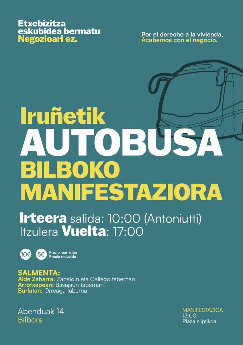 haritu_sarea's tweet photo. 🚌 Autobusak Iruñatik Bilbora AB14

💰Espekulazioaren eta negozioaren aurka.

🏠Etxebizitza eskubide  unibertsalaren alde.

Salmenta:
📍Alde Zaharrean: Zabaldi eta Gallego tabernan
📍Arrotxapean: Basajaun Tabernan
📍Burlatan: Orreaga tabernan

Batu borrokara!✊🏿✊ https://t.co/PBhHyjJ79K
