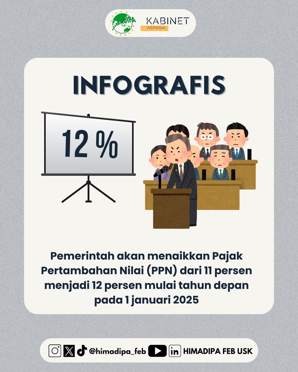 Himadipa_FEB's tweet photo. [INFOGRAFIS]
“Pemerintah akan menaikkan Pajak Pertambahan Nilai (PPN) dari 11 persen menjadi 12 persen mulai tahun depan pada 1 januari 2025”

Yuk simak infonya! Happy Reading 🙌🏻

By : Harrifa Yulianda

#Infografis #KabinetAspasia #HIMADIPAFEBUSK https://t.co/j0CvS7SLAp