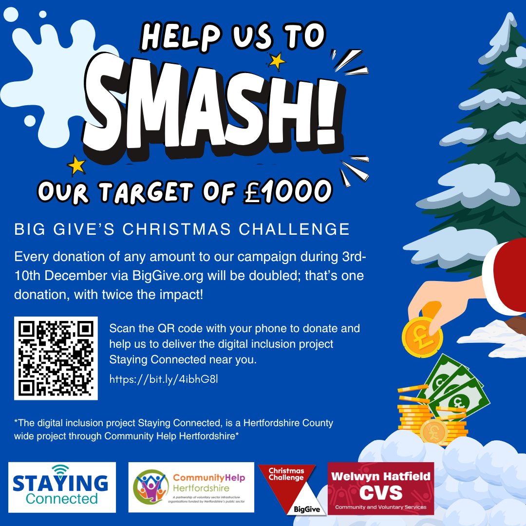 With <a href="/CHHertfordshire/">Community Help Hertfordshire</a> we're embracing the <a href="/BigGive/">Big Give</a> Christmas Challenge with our #StayingConnected #DigitalInclusion project which has helped residents in #Herts who were digitally excluded.

Can you help us hit our goal? Every donation will be doubled! bit.ly/4ibhG8l