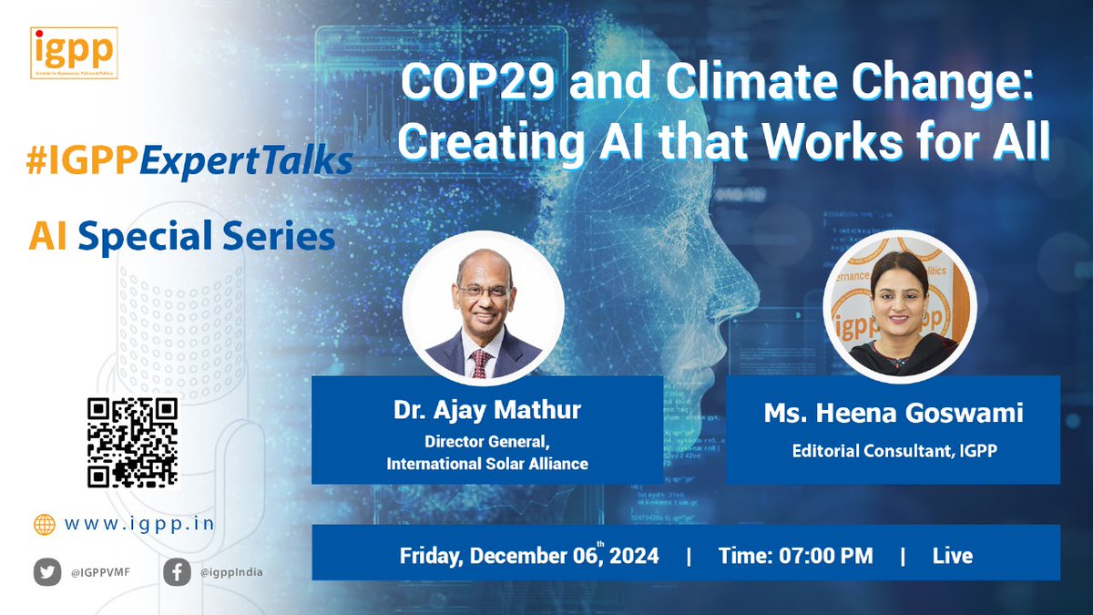 IGPPVMF's tweet photo. Join us on Friday at 7 PM!

#IGPPExpertTalks - AI Special Series

𝐂𝐎𝐏𝟐𝟗 𝐚𝐧𝐝 𝐂𝐥𝐢𝐦𝐚𝐭𝐞 𝐂𝐡𝐚𝐧𝐠𝐞: 𝐂𝐫𝐞𝐚𝐭𝐢𝐧𝐠 𝐀𝐈 𝐭𝐡𝐚𝐭 𝐖𝐨𝐫𝐤𝐬 𝐟𝐨𝐫 𝐀𝐥𝐥

Don’t miss this conversation as Dr. Ajay Mathur discusses various aspects of AI for Climate Action

From enhancing climate adaptation in vulnerable regions to balancing AI with community-driven approaches, the conversation is more urgent than ever

Can AI serve as a tool for all, or will it widen existing climate inequities? is a question that requires careful examination

Expert: Dr. Ajay Mathur, Director General, the International Solar Alliance (@isolaralliance)

Host: Ms. Heena Goswami (@Heenaasks), Editorial Consultant, @IGPPVMF 

To learn more about us, visit: https://t.co/JxVFY9QpBH

#AI #AIforClimate #ClimateAction #SustainableTech #DigitalSolutions #AIInAction #ClimateChange #COP29 #TechForGood #FutureOfAI #Sustainability #InnovationForChange #ClimateTech