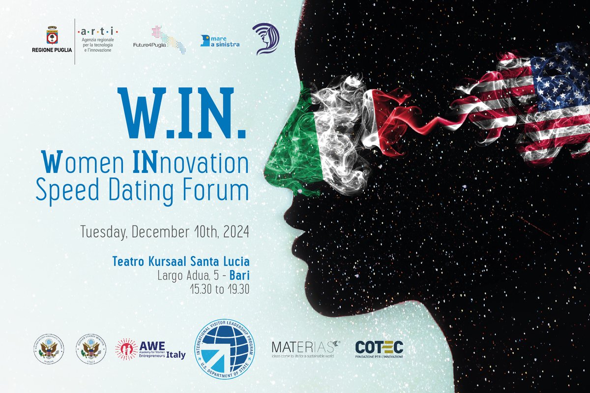 W.IN Women INnovation Speed Dating Forum, il 10 dicembre a Bari l'evento internazionale sull'#imprenditoria femminile innovativa in #aerospazio. Per partecipare: mymeetinc.it/win/
Info: arti.puglia.it/eventi/il-w-in… #Startup #Territorio #impresa #Future4Puglia