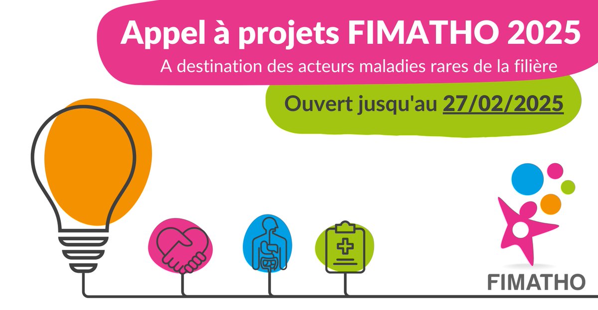 La filière FIMATHO lance son appel à projets 2025 à destination des acteurs maladies rares de son réseau !🚀
📅Deadline : 27/02/25
👉Pour en savoir plus, rendez-vous sur le site FIMATHO : fimatho.fr/.../571-appel-…...
A vous de jouer !
#appelaprojet #aap #maladiesrares #fsmr