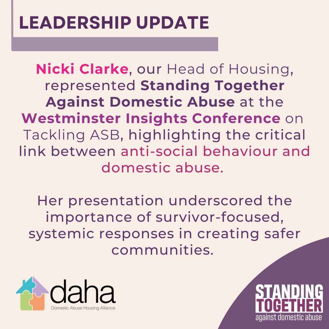 STagainstDA_'s tweet photo. 👏 Huge thanks to our Head of Housing, Nicki Clarke, for representing Standing Together Against Domestic Abuse at the Westminster Insights Conference on Tackling Anti-Social Behaviour (ASB)

Let’s drive systemic, survivor-focused change!

#EndDomesticAbuse #ASB #DomesticAbuseLens https://t.co/kGYNJZTjDL