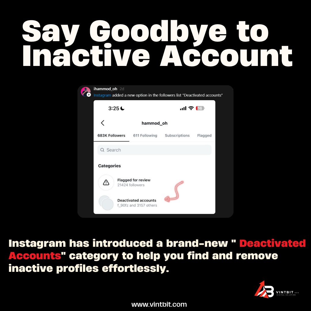 vintbit's tweet photo. Say Goodbye to Inactive Accounts!

Instagram has introduced a brand-new "Deactivated Accounts" category to help you find and remove inactive profiles effortlessly. 🛠️

#InstagramUpdate #DeactivatedAccounts #CleanYourList #SocialMediaTips #engagebetter #digitalart https://t.co/DAse5TIZ7I