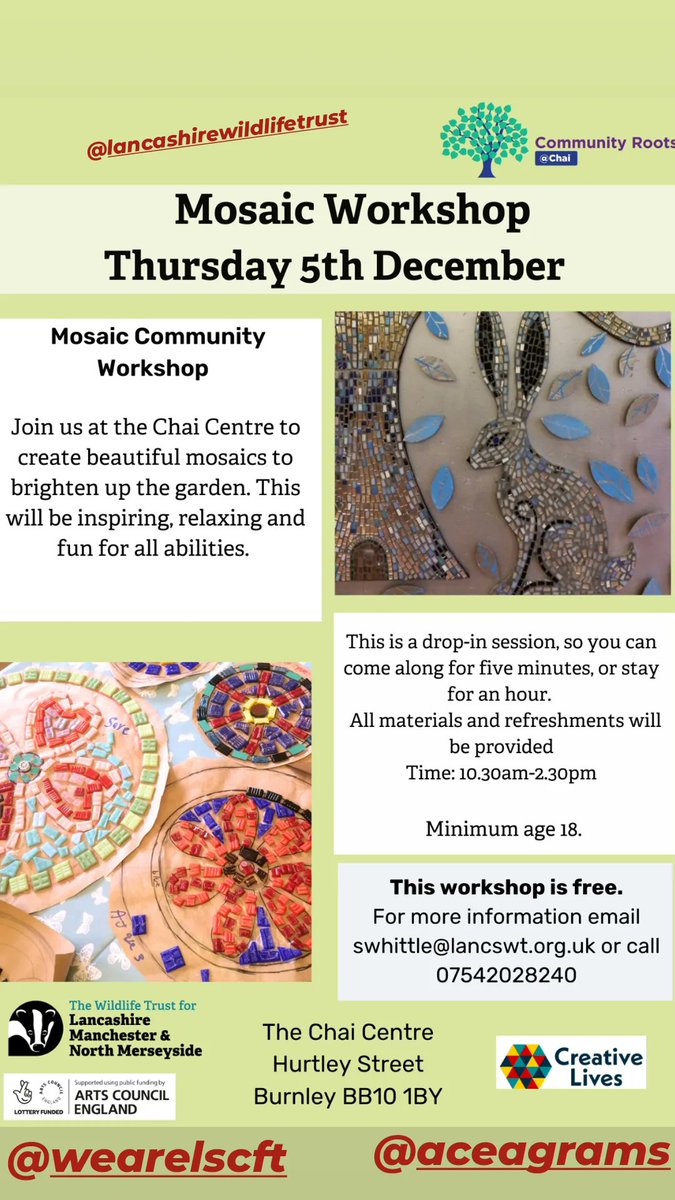 We have a lovely workshop happening in #Burnley tomorrow. Learn how to make mosaics to brighten up our community garden. You'll also be able to make one to keep! Details in picture.
#environmentalart #knowyourneighbourhood #greenwellbeing