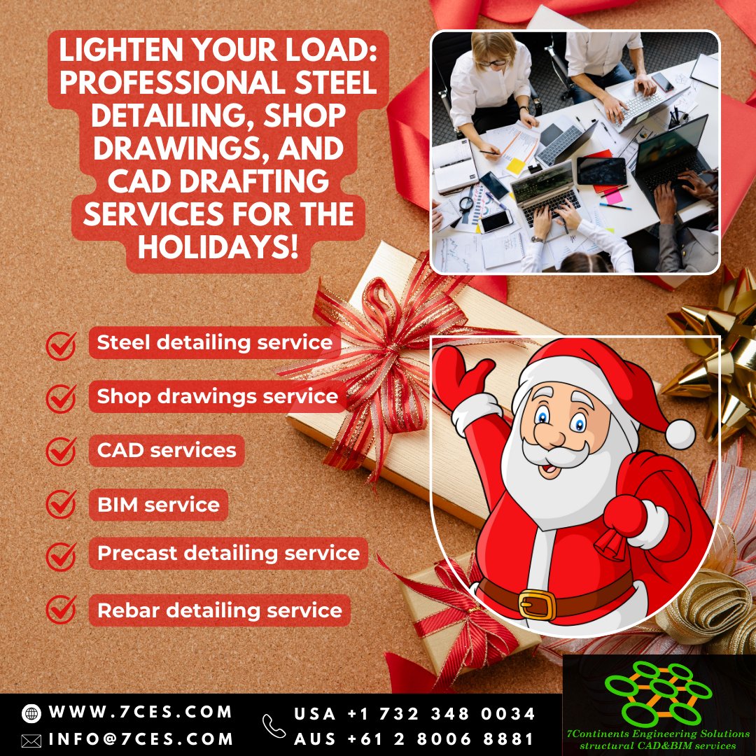 7continentseng's tweet photo. 🎄 This holiday season, lighten your workload! Outsource your steel detailing, shop drawings, and CAD drafting to the experts at 7 Continents Engineering Solutions. Benefit from precision, cost-effectiveness, and timely delivery.🌟 #Engineering #Outsource #CAD #HolidaySeason https://t.co/WOGgJ0ic31
