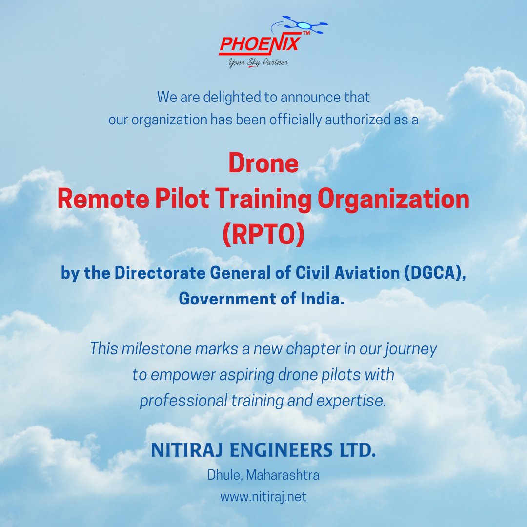 Phoenix_Nitiraj's tweet image. Presenting Nitiraj Engineers RPTO!!
We are now an authorized Drone Remote Pilot Training Organization,
approved by the Directorate General of Civil Aviation (DGCA), Government of India.

#Drone #RPTO #NitirajEngineers #NewBeginnings #NewHeights #News #Phoenix #YourSkyPartner