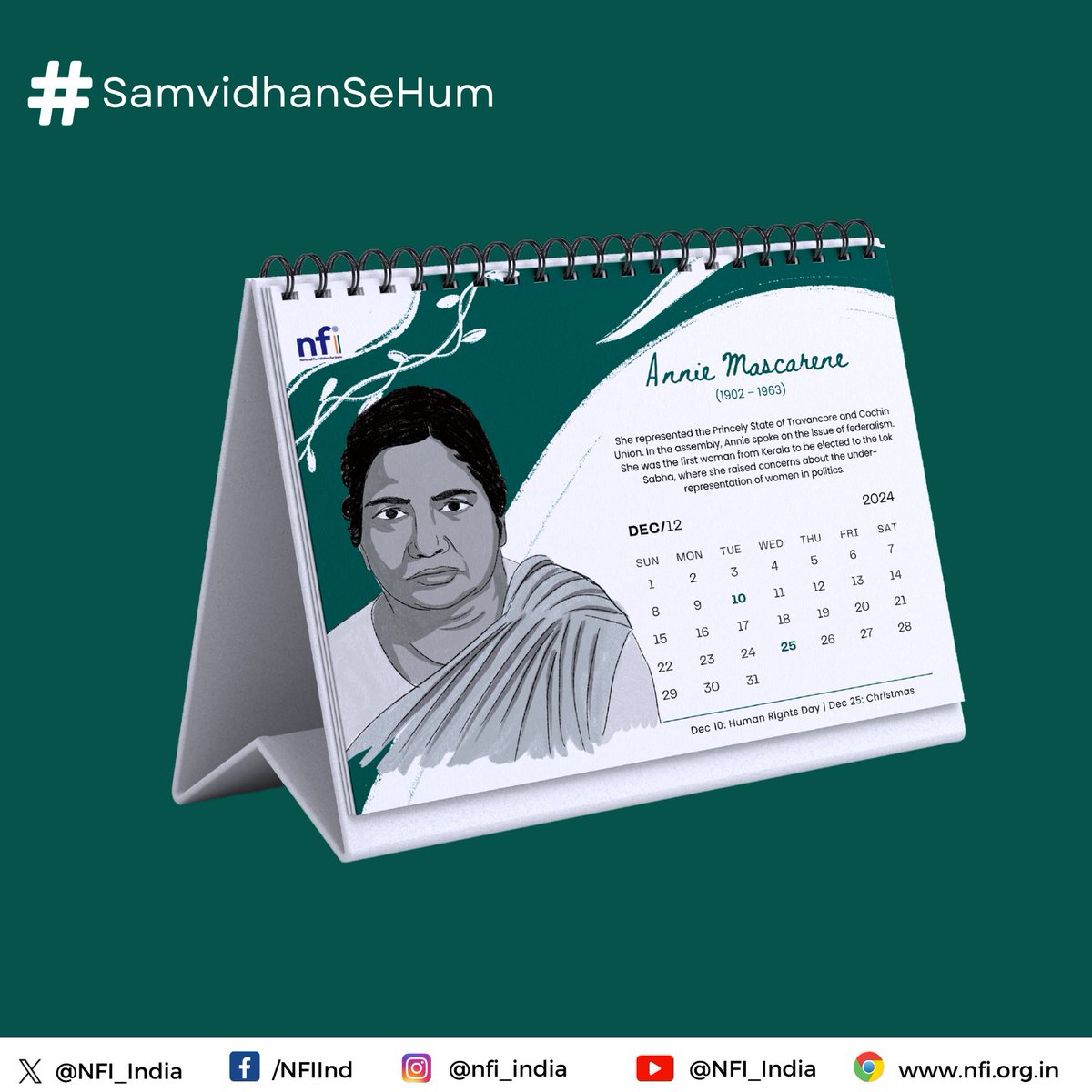 NFI_India's tweet photo. Here’s the calendar for #December featuring #AnnieMascarene. She represented the Princely State of Travancore & Cochin Union in the Constituent Assembly.
She was also the first woman from Kerala elected to the Lok Sabha.
#SamvidhanSeHum https://t.co/DIVgutrYmZ