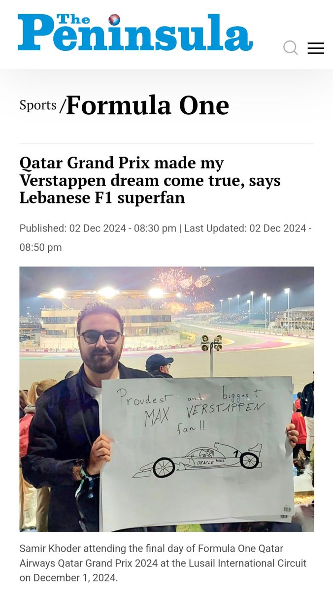 samtastic9899's tweet image. If you told me 10 days ago, that I would:
• Meet my hero: Max Verstappen
• Meet Norris, Piastri, Russell, Zhou
• Appear on the F1 official page
• Tell my story as an F1 fan and a Max supporter to a local Qatari newspaper and get published,
I wouldn't believe it
#f1
