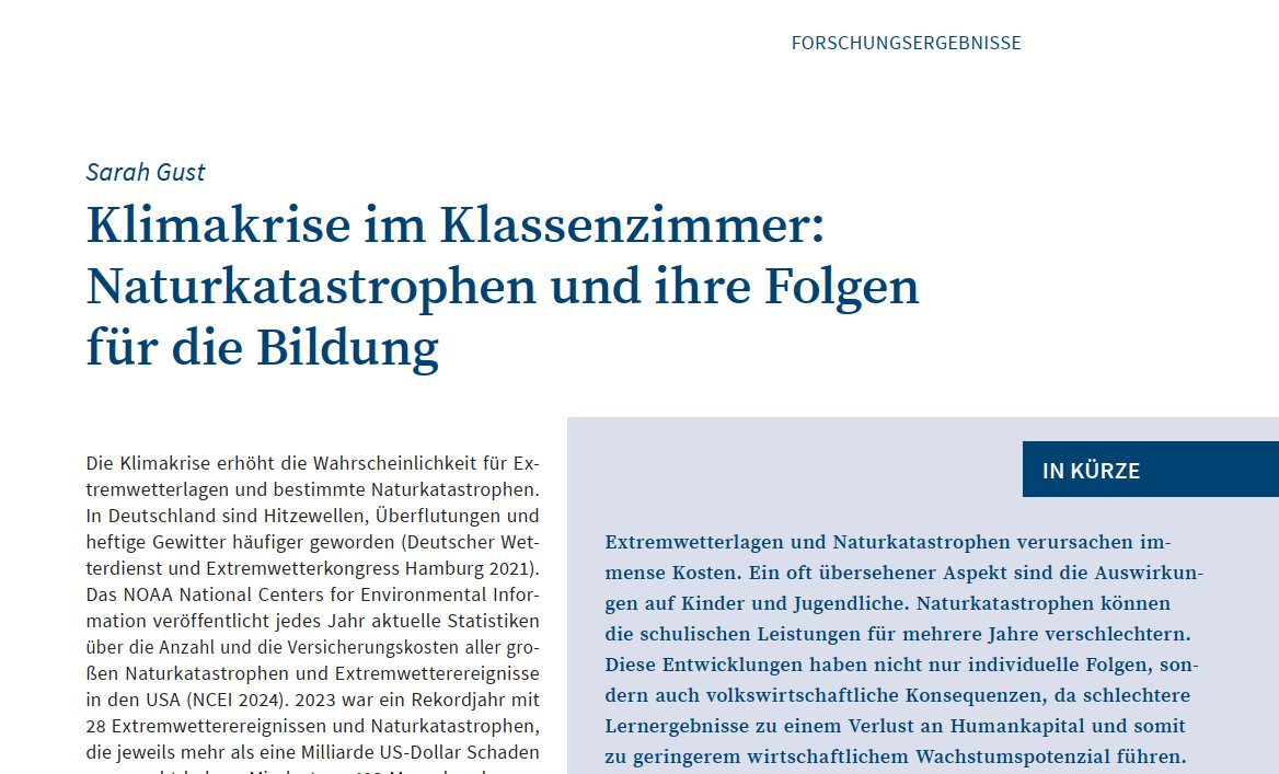 ifo_Bildung's tweet photo. ‼️Neu im ifo Schnelldienst von @sarages 
"Klimakrise im Klassenzimmer: Naturkatastrophen und ihre Folgen für die Bildung"  

👉Naturkatastrophen verschlechtern Schulleistungen über mehrere Jahre; benachteiligte Kinder &amp; unterdurchschnittl. finanzierte Schulen besonders betroffen! https://t.co/1mUfPpJ6R0