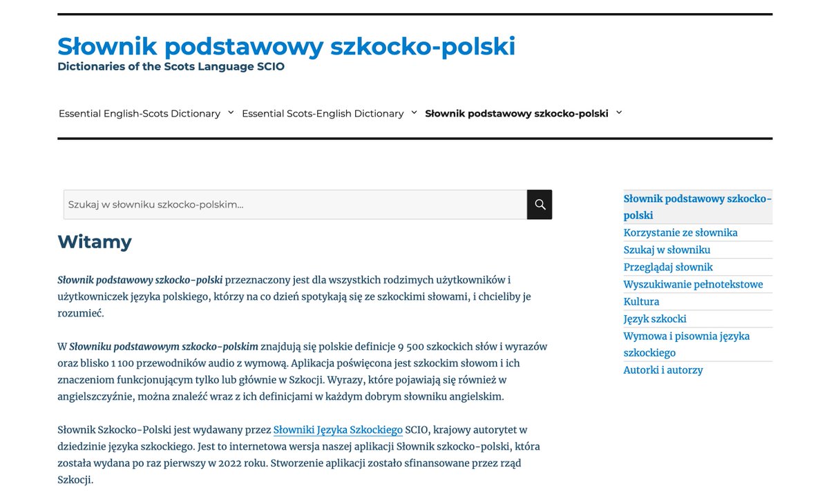 Z wielką przyjemnością przedstawiamy nasz nowy Słownik podstawowy szkocko-polski! Sprawdzaj polskie definicje szkockich słów i fraz przy użyciu prostej wyszukiwarki.

Zacznij już teraz na stronie: dictionary.scot/scots-polish/!

#Scots #Polish #szkocki #polski