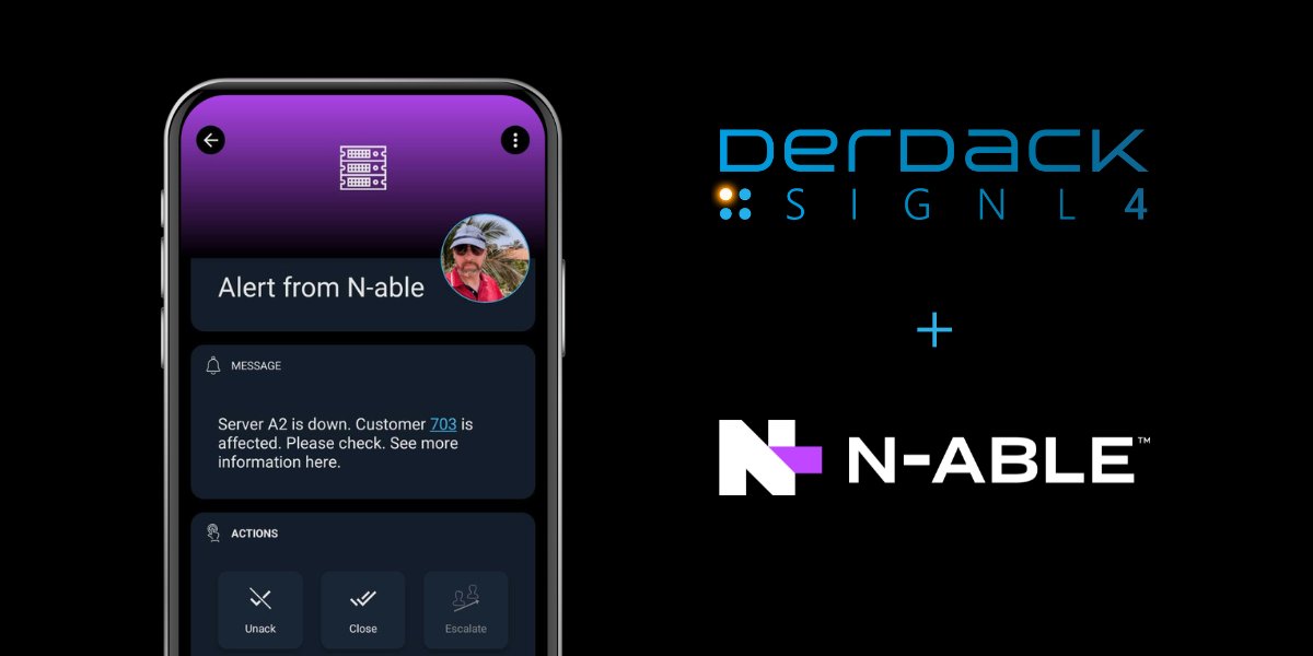 signl4me's tweet photo. SIGNL4 is now part of the @Nable Technology Alliance Program๐Enjoy real-time alerts via push, SMS text & voice calls and automated escalations. SIGNL4 also offers #oncallscheduling & real-time visibility of duties in the mobile app. Check it out๐ https://t.co/tDrnZqh8A5 https://t.co/4JmTbOOGjj