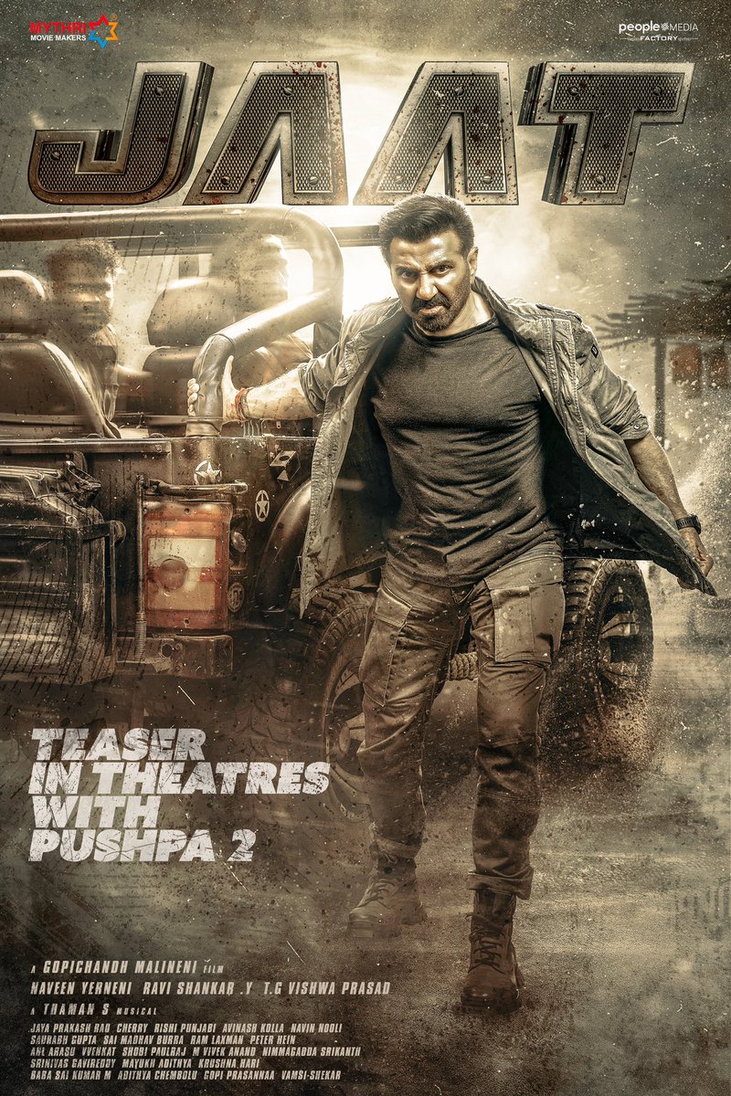 iamsunnydeol's tweet photo. The Grandest teaser launch for #JAAT 🔥
Witness the MASSIVE #JaatTeaser in 12,500+ screens worldwide exclusively with #Pushpa2TheRule 

Enjoy the glimpse of the MASS FEAST on BIG screen❤‍🔥

Directed by @megopichand 
Produced by @MythriOfficial &amp; @peoplemediafcy 
@RandeepHooda https://t.co/JvFfCunADk