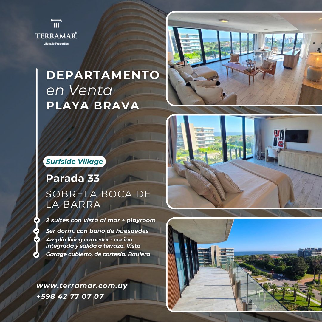 Terramarpunta's tweet photo. VENTA - Exclusivo departamento de 1ra categoría en #SurfsideVillage, #PlayaBrava 

Inmejorable ubicación: En parada 33 de Playa Brava, sobre la boca de #LaBarra.

+ 598 42 77 07 07 
https://t.co/5GlwpDV6cN 

.
.
.
.
#forsale #puntadeleste #uruguay #RealEstate https://t.co/UyfNxbnacI
