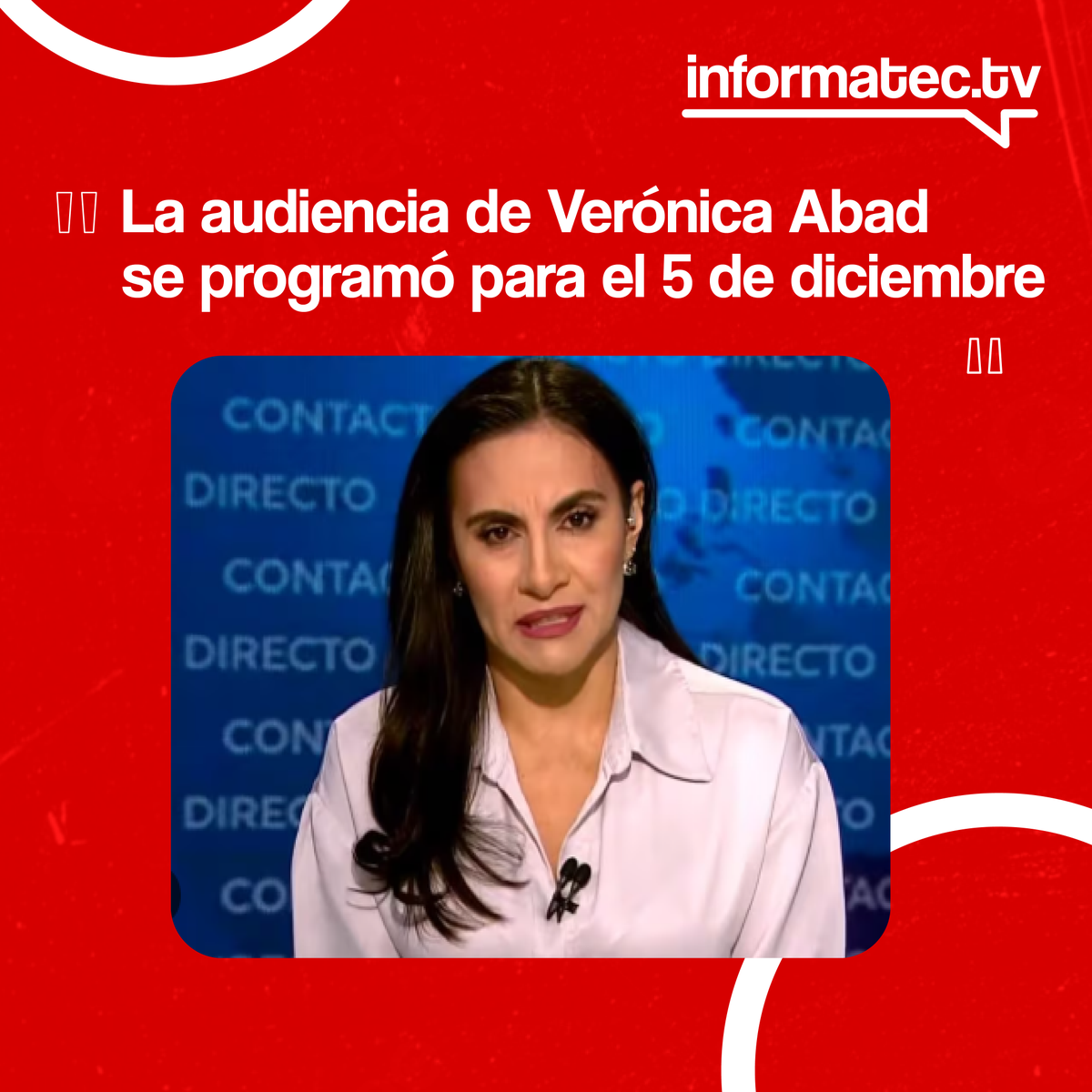 Informatectv_e's tweet image. La audiencia de acción de protección de Verónica Abad se retoma este 5 de diciembre en Quito. Busca impugnar su suspensión de 150 días del cargo. ⚖️📅
 
➡️Léalo completo en: acortar.link/1AC8ZM

#VerónicaAbad #Informatec