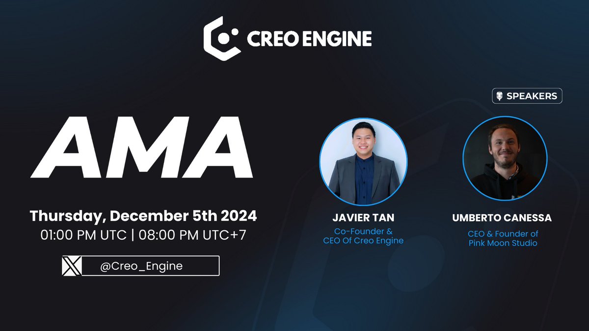 𝐂𝐑𝐄𝐎 𝐄𝐍𝐆𝐈𝐍𝐄 𝐱 𝐊𝐑𝐘𝐏𝐓𝐎𝐌𝐎𝐍 𝐗𝐒𝐩𝐚𝐜𝐞

Join us for an exclusive AMA session with <a href="/JavierTanCREO/">Javier Tan</a> , CEO of Creo Engine, and <a href="/wasnaga/">Umberto</a> , CEO &amp; Founder of <a href="/pinkmoon_studio/">Pink Moon Studios | MMO-as-a-Service</a>!

• Thursday, December 5th, 2024
• 01:00 PM UTC | 08:00 PM UTC +7
• x.com/i/spaces/1BRJj…