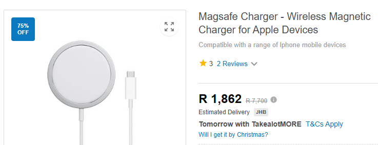 svisagie's tweet photo. @TAKEALOT when are you going to stop with your made up BS savings?? There is no place in the world where this MagSafe charger will cost R7700 as a standard, let alone the supposed 75% price off https://t.co/yszOr95W9F