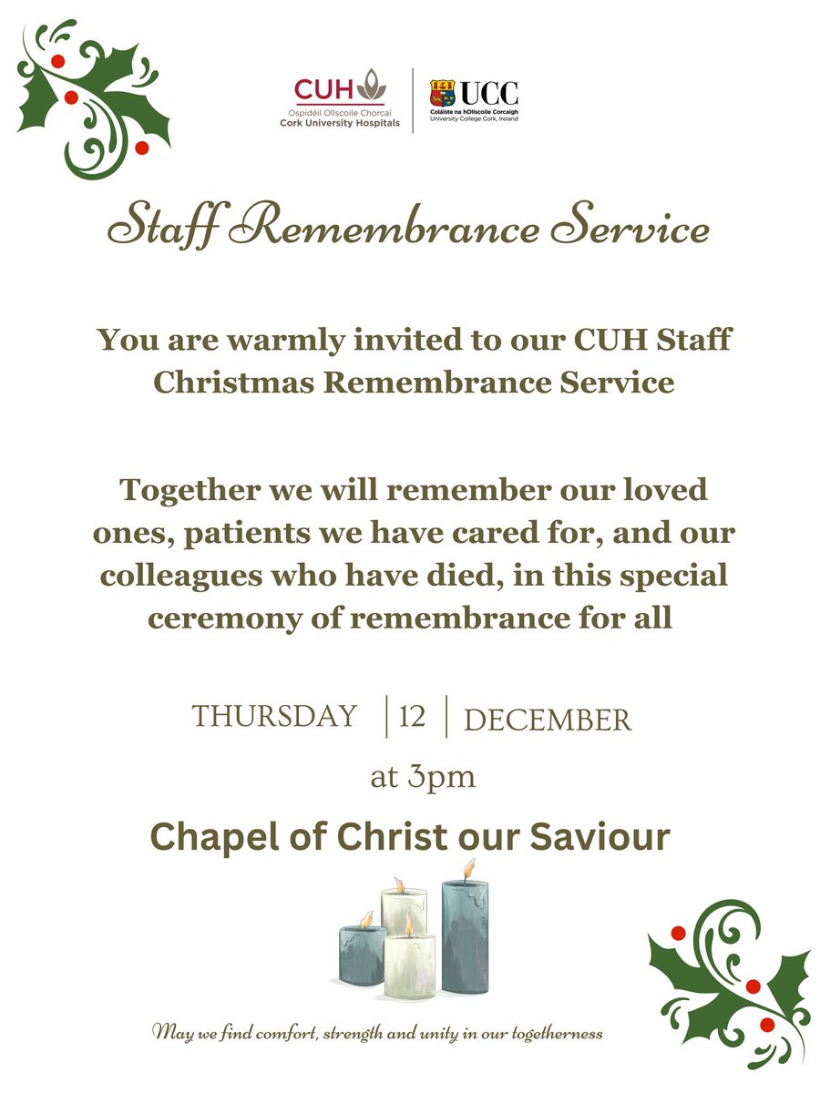 🕯️ All staff of CUH are invited to join us for the 'Christmas Remembrance Service' on Thursday, 12th December at 3pm.
A moment to honor and remember
All staff are welcome. 🕯️
#RemembranceService