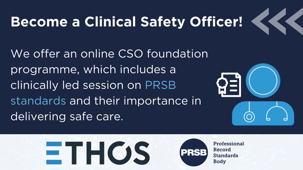 📢Together with @LtdEthos we offer a comprehensive #ClinicalSafety Officer training which covers the introduction to PRSB standards.

Our next online training will be on Tuesday, 17 December - don't miss out! 

🔗theprsb.org/clinicalsafety…

#clinicalsafety #cso #digitalhealth