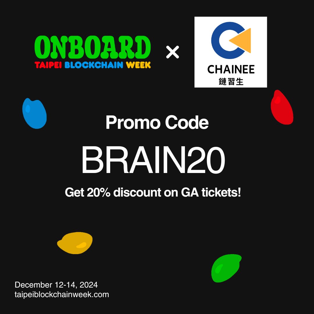 BrainBroCrypto's tweet photo. 「2024台北區塊鏈週」 12 月盛大回歸！@Taipeiweek
#本貼文按讚、轉推、Tag 三位好友就抽門票!

第三屆台北區塊鏈週（Taipei Blockchain Week, TBW）將於 2024 年 12 月 12 日至 14 日在台北松山文創園區盛大舉行，本屆主題為「Onboard」，致力引領大眾進入 Web3 領域。今年活動規模再升級，涵蓋主要園區五大倉庫與周邊活動，預計迎接超過 6,000 名國內外參與者共襄盛舉。

本屆重頭戲包含專題會議與黑客松活動。黑客松提供超過 20 萬美元的獎勵，包括來自黑客松冠名贊助商 Solana 的 2.5 萬美元、BNB Chain 的 15.5 萬美元、AI 領域贊助商 0G 和 Aethir 的 1 萬美元，以及 Avalanche 和 CipherBC 等單位的支持。期待吸引世界各地不同背景的開發者，投入 Web 3 創新技術與應用。

台北區塊鏈週由 BuZhiDAO, Gen3 和 TABEI 共同主辦，運用社群力量打造多元豐富的 Web3 體驗。在去年舉辦 100 多場周邊活動的成功經驗上，今年將再擴大升級，帶著「Onboard」使命，向大眾介紹 Web3 生態系、教育主流應用，共同推動區塊鏈普及。

頂尖區塊鏈生態系齊聚 TBW 2024，看好台灣為 Web 發展關鍵重地
TBW 2024 匯聚 Solana, Sui, Tron, Avalanche 等頂尖區塊鏈生態系共襄盛舉。這些頂級贊助商將引領活動，主題內容涵蓋去中心化金融（DeFi）、去中心化自治組織（DAO）、風險投資等，展示 Web3 的最頂尖、最創新的技術應用。
Solana：作為黑客松的冠名贊助商，將展示 Zeus , Bonk 和 Genopets 等專案項目，展現其蓬勃發展的生態系統。
Sui：作為大會冠名贊助商，將深入探討在區塊鏈生態系中迅速擴張的成長策略。
BingX, Technium, Tron 將專注於交易所、DeFi、DAO 等主題，帶來產業動態與獨家見解。

TWB 2024 當周熱鬧可期。由台灣新創企業舉辦的周邊活動、連結國際業界領袖的跨國合作，都將體現、展示台灣作為全球區塊鏈生態發展重鎮的潛力。

全球區塊鏈業界重量級人物，共襄盛舉
TBW 2024 邀請到多位區塊鏈領域的重量級領袖登台演講，包括 Binance 執行長 Richard Teng 、TRON 創始人Justin Sun 及 Morph 創辦人兼執行長 Cecilia Hsueh 等人，帶來專家觀點，探討去中心化金融的演進、區塊鏈治理的未來等議題。
「前兩屆的 TBW 讓台灣在區塊鏈創新領域嶄露頭角，而今年我們將帶來更多的活動與合作，以結合本地與國際 Web3 生態系統。我們的目標是促進連結，推動產業成長。」台北區塊鏈週總監 Tiffany Lai 表示。

加入台北區塊鏈週 2024
TBW 2024 擁有豐富的工作坊、專題討論和交流機會。是 Web3 前線人士不可錯過的年度生會。立即加入，成為區塊鏈未來的一員！

門票現已開放銷售，詳情請至： https://t.co/RfuAyBXLFM 
使用 BRAIN20 購票享有 20% 折扣