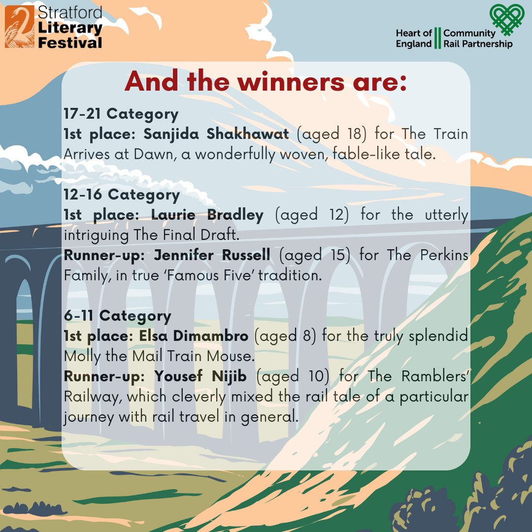 Heart Community Rail (@heartcrp) on Twitter photo In September we were proud to partner with <a href="/StratLitFest/">Stratford Literary Festival</a> to launch our Rail Tales competition.
We were delighted to have renowned children's author <a href="/PhilipArdagh/">Philip Ardagh</a> judge our entries and we are pleased to be able to announce our winners!
Read the winning entries and find out In September we were proud to partner with <a href="/StratLitFest/">Stratford Literary Festival</a> to launch our Rail Tales competition.
We were delighted to have renowned children's author <a href="/PhilipArdagh/">Philip Ardagh</a> judge our entries and we are pleased to be able to announce our winners!
Read the winning entries and find out
