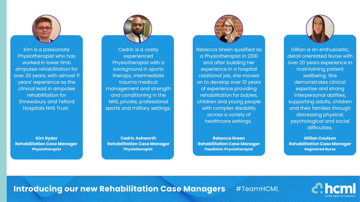 HCML (@hcml1) on Twitter photo Weโre pleased to welcome four new members to our Personal Injury Rehabilitation Case Management Team: Cedric Ashworth, Kim Ryder, Rebecca Green, and Gillian Coulson! 
Please reach out to find out more about their expertise and check their availability: enquiries@hcml.co.uk. Weโre pleased to welcome four new members to our Personal Injury Rehabilitation Case Management Team: Cedric Ashworth, Kim Ryder, Rebecca Green, and Gillian Coulson! 
Please reach out to find out more about their expertise and check their availability: enquiries@hcml.co.uk.