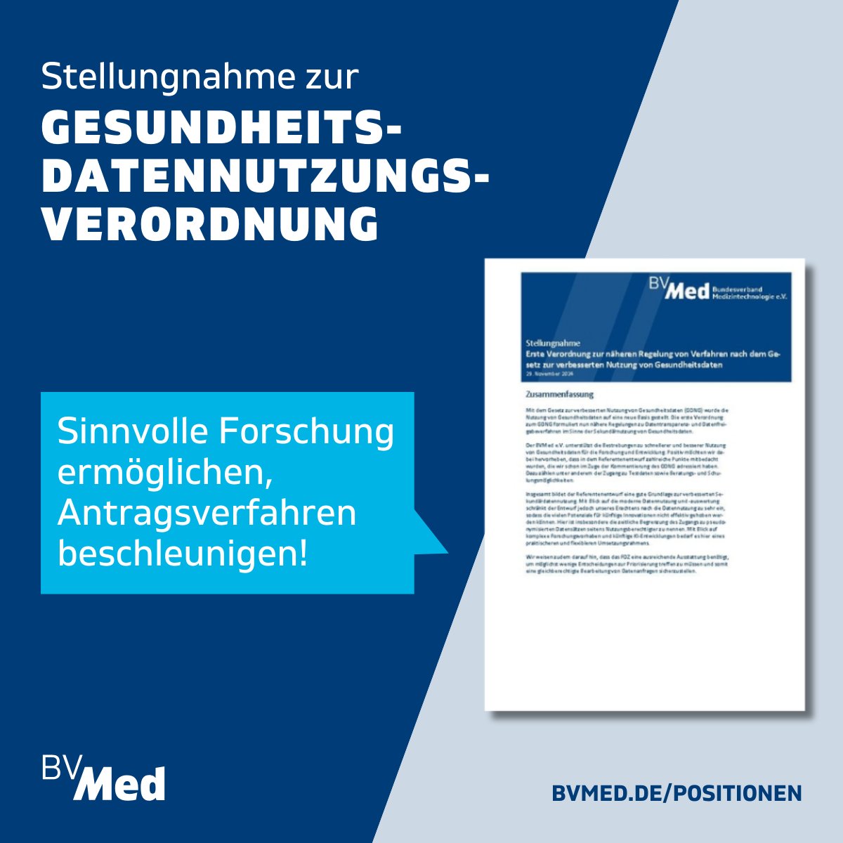Wir brauchen für F&amp;E einen praktikablen/flexibleren Umsetzungsrahmen für die #Datennutzung durch #MedTech-Unternehmen. Beim Entwurf zur ersten #GDNG-Verordnung sehen wir daher Nachbesserungsbedarf bei der Dauer des Datenzugangs und der Antragsprüfung: bvmed.de/pm10324