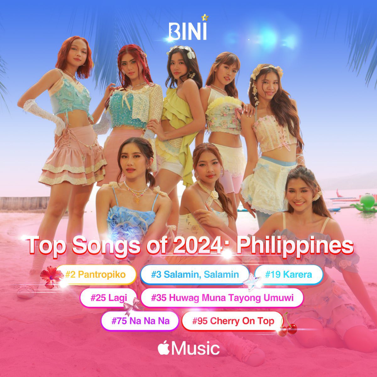 BINI_ph's tweet photo. #BINI : This got us feeling like summer all-year-round! 🌴

We have 7 songs on @applemusic Philippines' Top Songs of 2024 with Pantropiko and Salamin, Salamin being the Top 2 most streamed songs by a Filipino Artist! 

Thank you to everyone who continuously supports us and listens to our music! 🥹🫶🏻

Check out the playlist here: https://t.co/q7cOs9HsnB