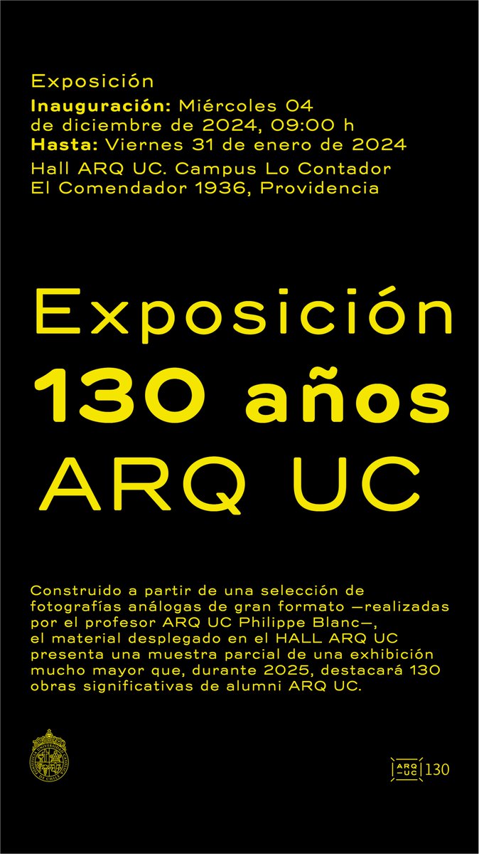 ¡Hoy!
***
Inauguración Exposición 130 años ARQ UC | HALL ARQ UC

arquitectura.uc.cl/extension/agen…