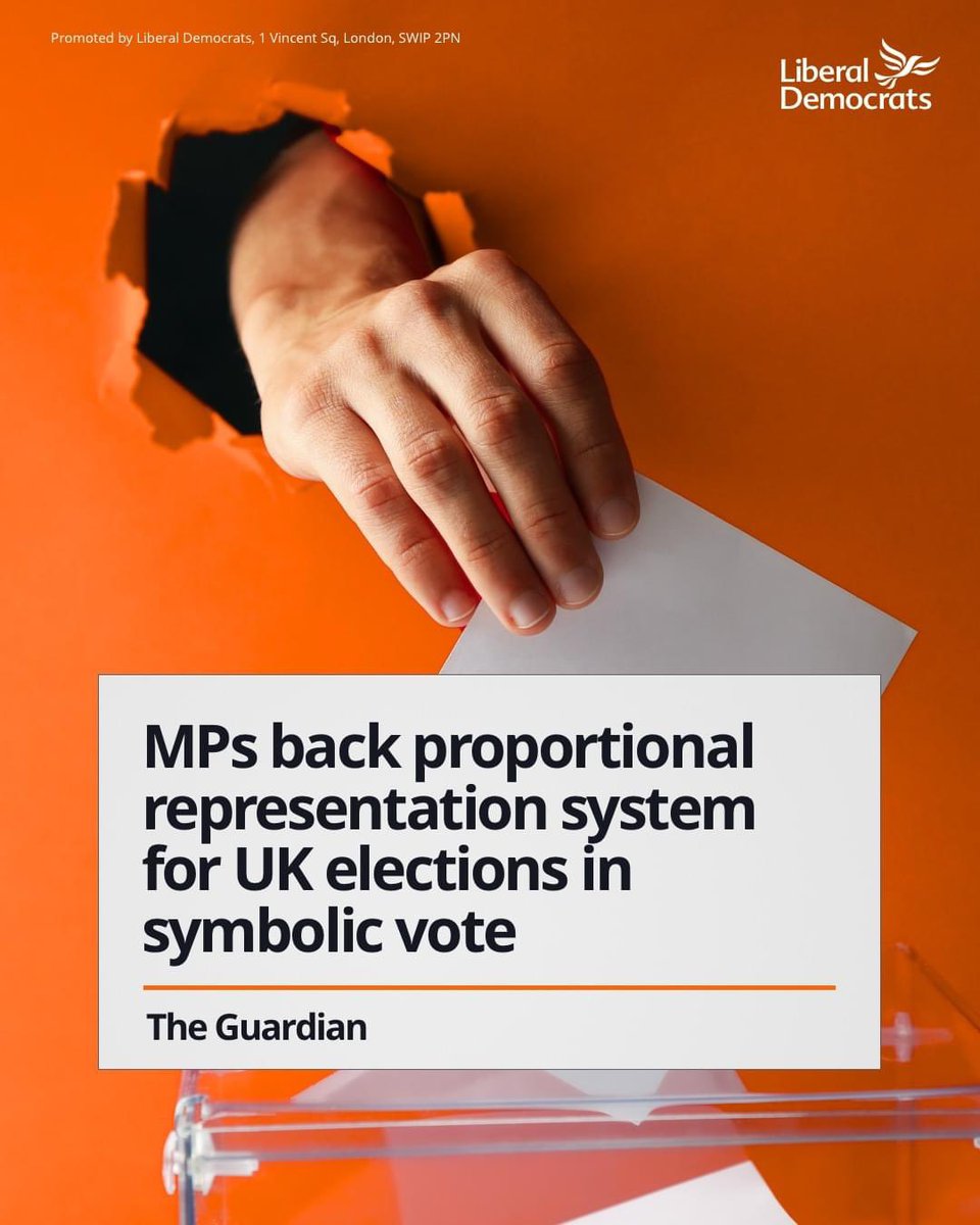 Big news! #LibDems MP Sarah Olney's Bill for proportional representation has passed a key vote—a huge step toward fixing our broken electoral system! 🧡
This historic moment brings us closer to making every vote count.
Govt must now listen! Join the fight: grimcleelibdems.org/post/fair-vote…