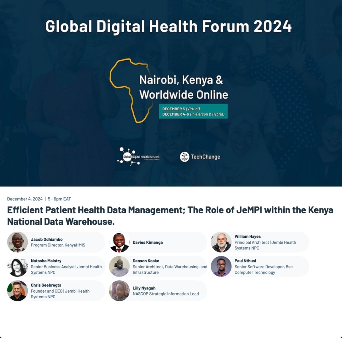 #GDHF2024 is underway. 

Join us in 2 hours for a transformative panel discussion exploring how JeMPI is advancing health management information systems in Kenya. 

Register here: gdhf.conference.tc/t/gdhf-2024/ev…