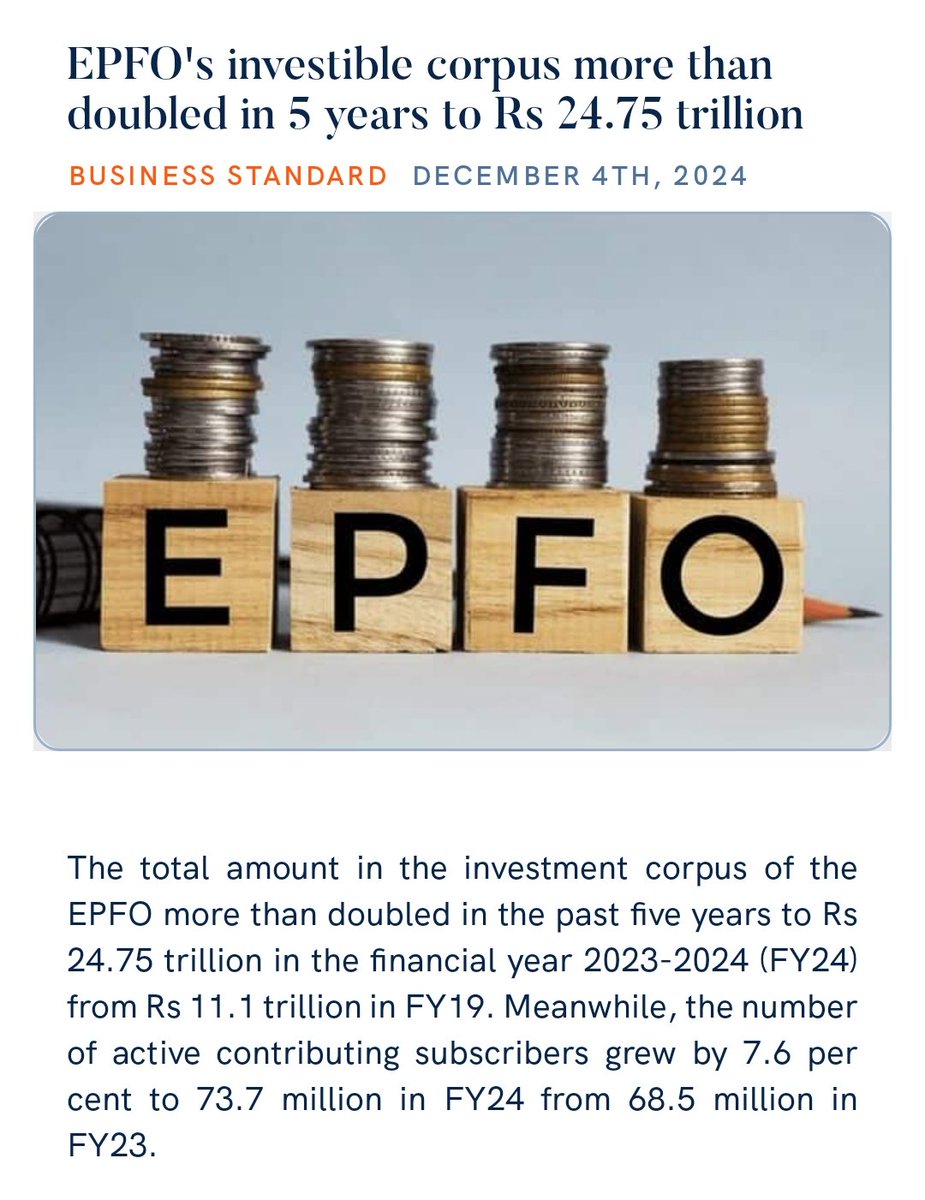 _anuragjps's tweet photo. EPFO's investible corpus more than doubled in 5 years to Rs 24.75 trillion
https://t.co/NKVy8PYI84 via NaMo App https://t.co/z05Z6ONwXs