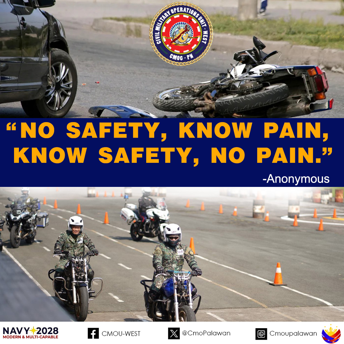 𝗥𝗘𝗔𝗗 | 𝗧𝗵𝗲 𝗣𝗵𝗶𝗹𝗶𝗽𝗽𝗶𝗻𝗲 𝗡𝗮𝘃𝘆'𝘀 𝗦𝗮𝗳𝗲𝘁𝘆 𝗤𝘂𝗼𝘁𝗲 𝗳𝗼𝗿 𝘁𝗵𝗲 𝗪𝗲𝗲𝗸.

"No safety, know pain, know safety, no pain"
-Anonymous

#StrongAFPStrongPhilippines
#ModernandMultiCapablePHNavy
#ProtectingtheSeasSecuringOurFuture
#cmouwest
#CMOGPN