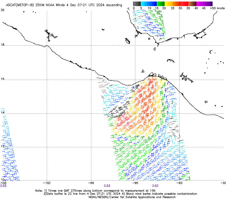 NHC_TAFB's tweet photo. 12/4 - A recent scatterometer satellite pass captured a large area of strong to gale-force N-NE winds across the #GulfofTehuantepec & downstream. A #GaleWarning remains in effect for this area until late Wed night & strong gap #winds will occur into early Sun. #marinewx #gales https://t.co/lRVdU9d3iw