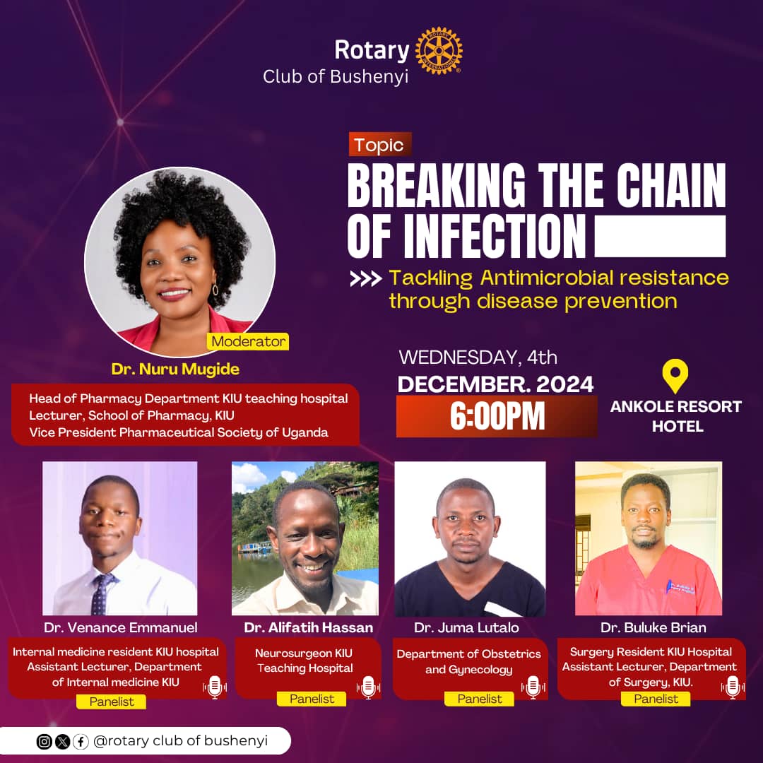FELLOWSHIP AT ANKOLE RESORT📍
Topic: Breaking the chain of infection, Tackling Antimicrobial Resistance through disease Prevention.

Moderator: Dr. Nuru Mugide
Head of Pharmacy KIU

Panelists: 
1. Dr. Buluke Brian
2. Dr. Venance Emmanuel
3. Dr. Juma Lutalo
4. Dr. Alifatih Hassan