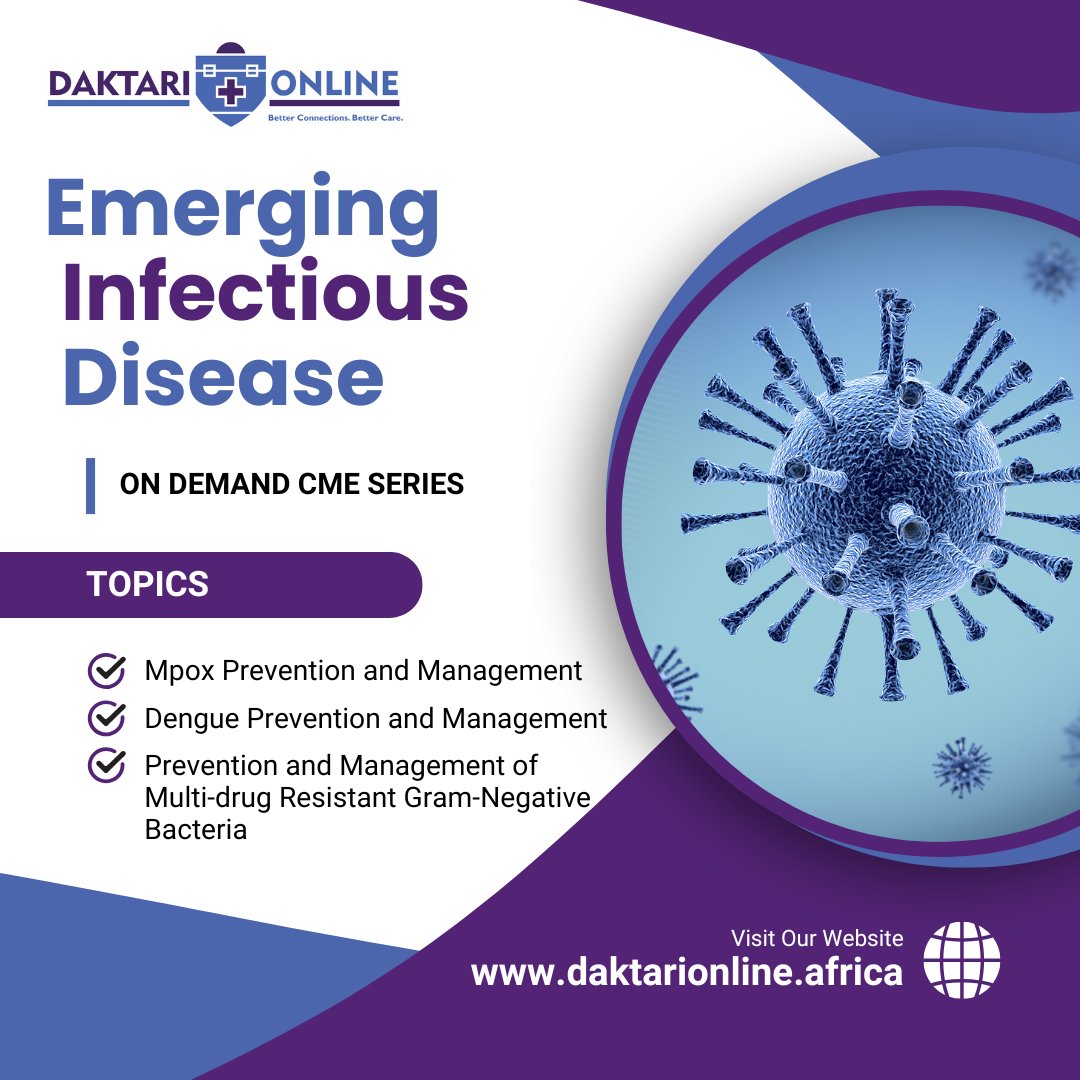 Prepare for 2025 with the latest updates on infectious disease threats. Learn and earn CPD points on daktarionline.africa

CPD accredited for nurses, doctors and clinical officers.