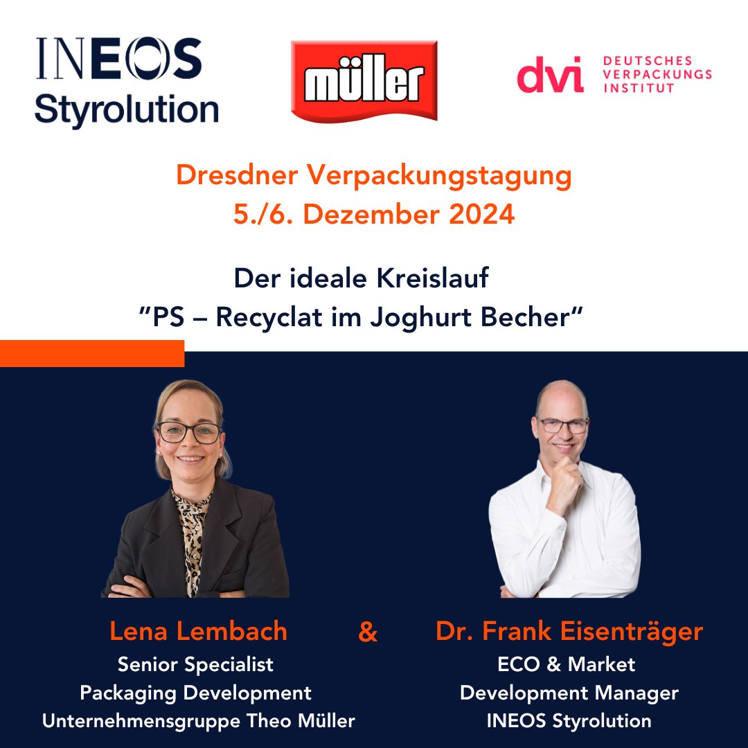 Dr. Frank Eisenträger und Lena Lembach werden auf den Dresdner Verpackungstagen die erfolgreiche Zusammenarbeit von Müller und INEOS Styrolution präsentieren zum Recycling von Joghurt-Bechern: verpackung.org/events/dresdne….