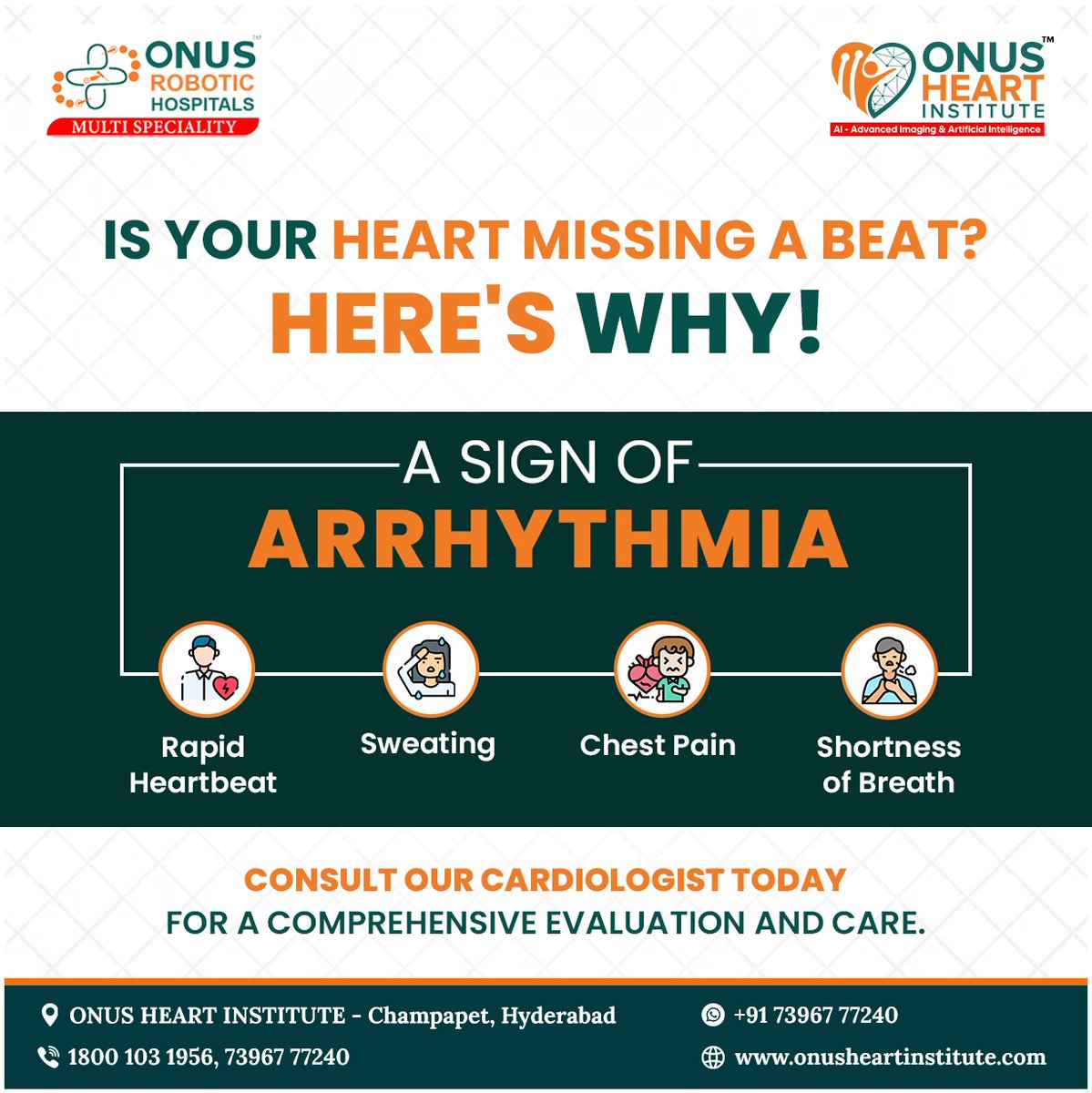 onusheart's tweet photo. "Is your heart skipping a beat? 💓 It could be a sign of arrhythmia. Don’t ignore it—early care saves lives! 🫀 Consult our expert cardiologist today at Onus Heart Institute for personalized care and guidance. 💼✨"
#ArrhythmiaAwareness

#HeartHealth #Arrhythmia #CardiacCare https://t.co/n0KZejx7pa