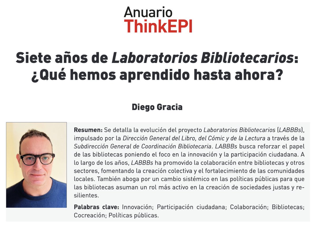 thinkepi (@thinkepi) on Twitter photo La participación ciudadana en los Laboratorios Bibliotecarios (LABBBs) de la Subdirección General de Coordinación Bibliotecaria, contada por Diego Gracia.
👉 doi.org/10.3145/thinke… La participación ciudadana en los Laboratorios Bibliotecarios (LABBBs) de la Subdirección General de Coordinación Bibliotecaria, contada por Diego Gracia.
👉 doi.org/10.3145/thinke…