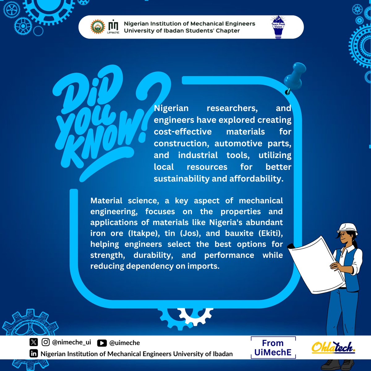NiMechE_UI's tweet image. Did you know? Material science plays a vital role in mechanical engineering, driving the design and creation of durable machinery and equipment!💡Nigeria’s wealth of iron ore & tin is fueling local alloy innovations. 🇳🇬
#EngineeringKnowledge #UIMechE
