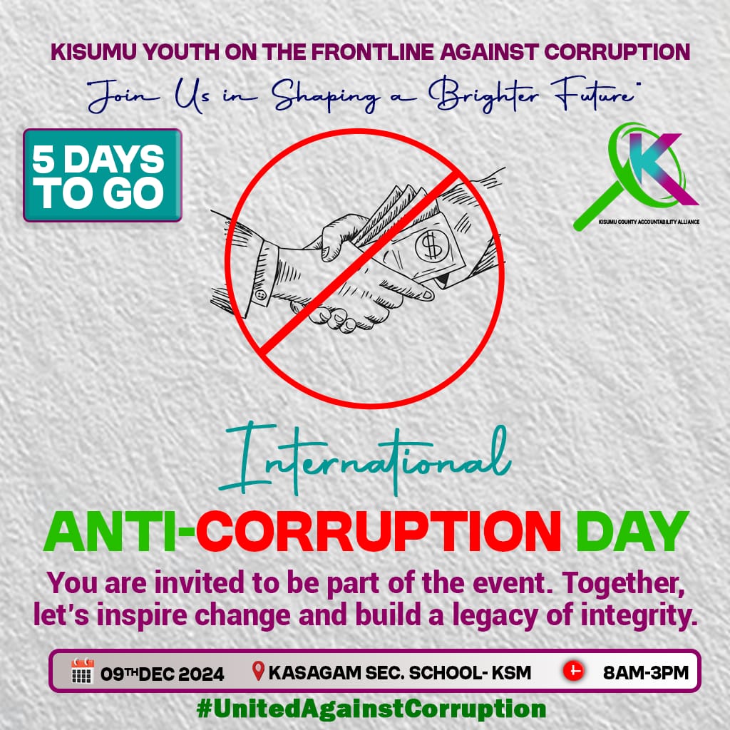 Corruption undermines human rights and social justice. We come together to call out this vice for what it is. 

Join us at Kasagam Secondary School on Monday 9th December 2024 from 8:00am to 3:00pm for the International Anti-corruption Day 2024.

See you!