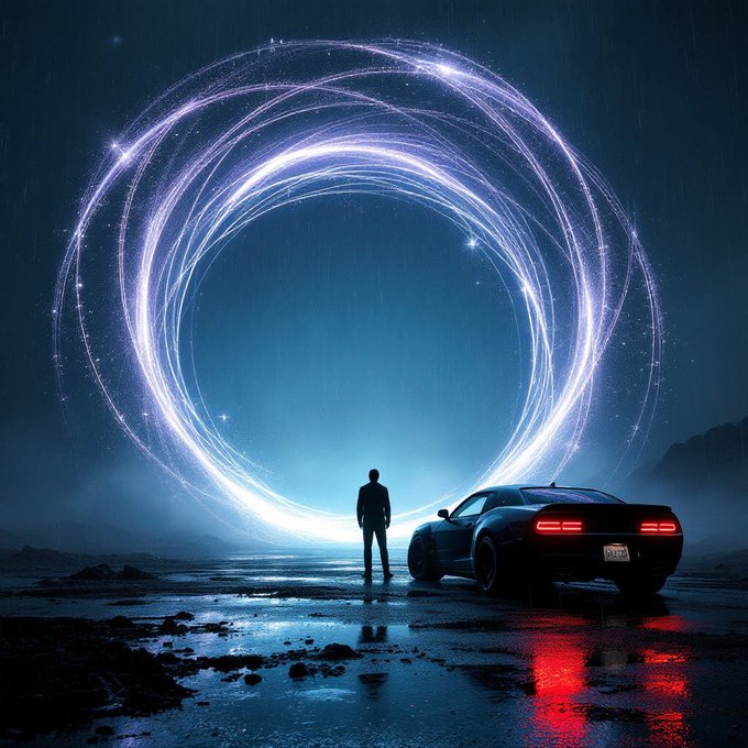 a man standing next to a car in the rain, star - gate of futurisma, cinematic cgsociety, krypton ion, inspired by Hans Eduard von Berlepsch-Valendas, ouroboros, h 8 0 0 c 1 0. 0, in a circle, in-game cinematic, dark and evil, by Adam Paquette, reminiscent of blade runner