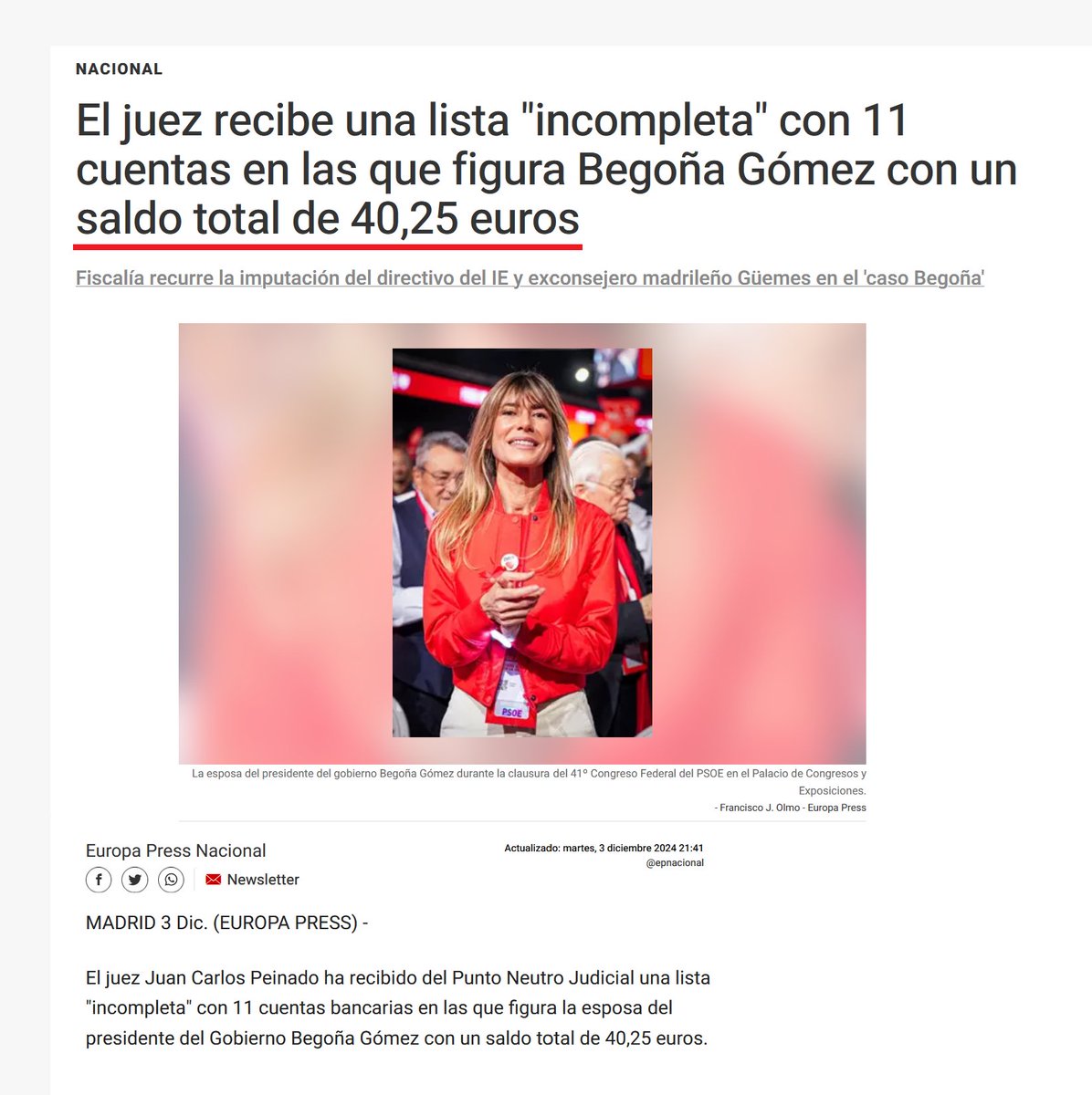 🔴 Begoña Gómez tiene 40,25 euros de saldo en las 11 cuentas bancarias que recibe el juez.

Ella tiene 10 propiedades casi todas alquiladas, así que hay aquí 2 posibilidades:

1ª.- Begoña opera en España con una sociedad pantalla que borra el rastro del dinero.
2ª.- Tiene cuentas