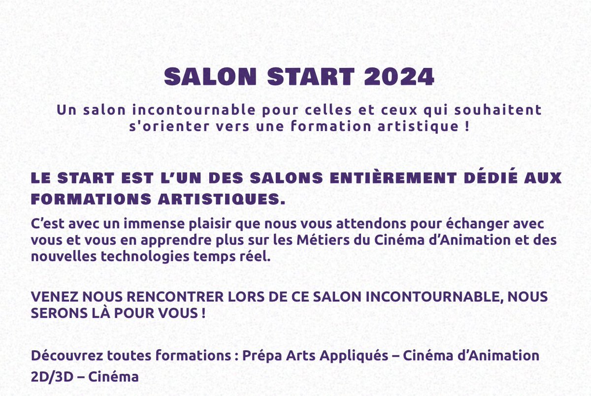 📌 7/8 décembre - Montreuil

Vous cherchez à découvrir les formations artistiques ?

Venez retrouver l'EPSAA au Salon START des formations et métiers artistiques 2024 👇

ecolegeorgesmelies.fr/fr/ecole/actua…