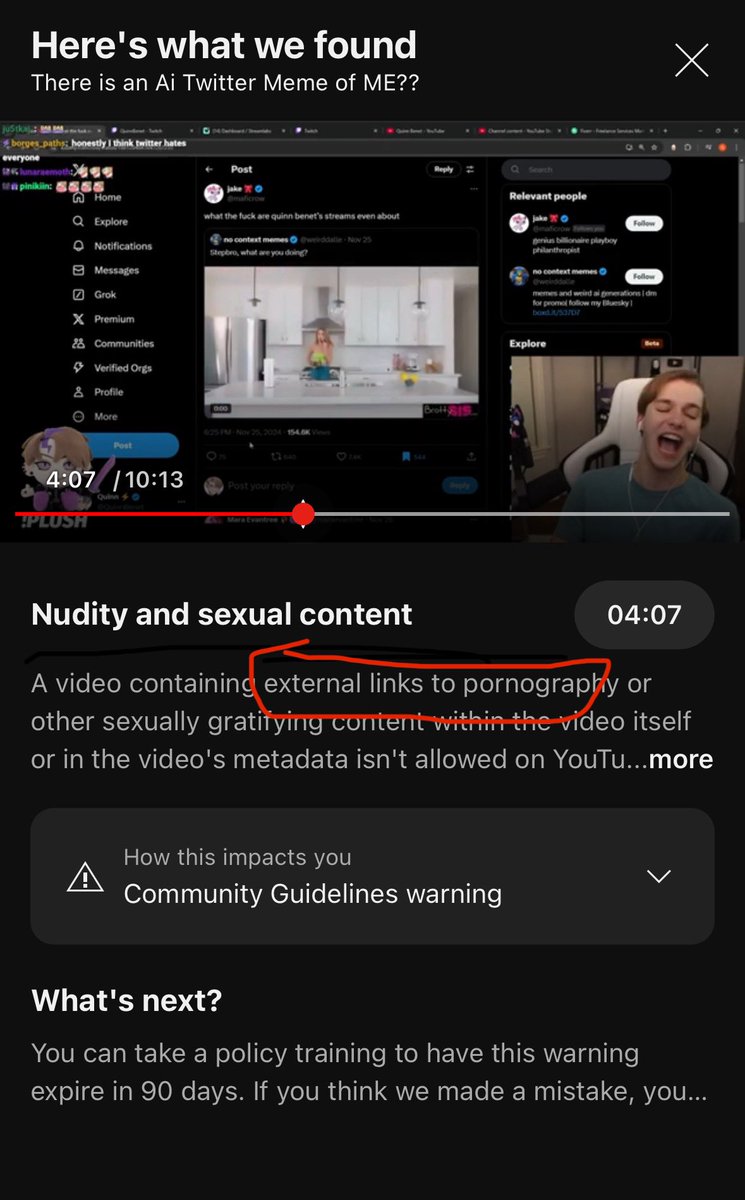 Hey <a href="/TeamYouTube/">TeamYouTube</a> my video “There is an Ai Twitter Meme of ME??” Was unfairly removed for community guidelines for violating the “nudity and sexual content guidelines”

youtu.be/sSqPdCND0TQ

The timestamp given for this was 4:07.

Nothing sexual in nature was shown. Everyone in