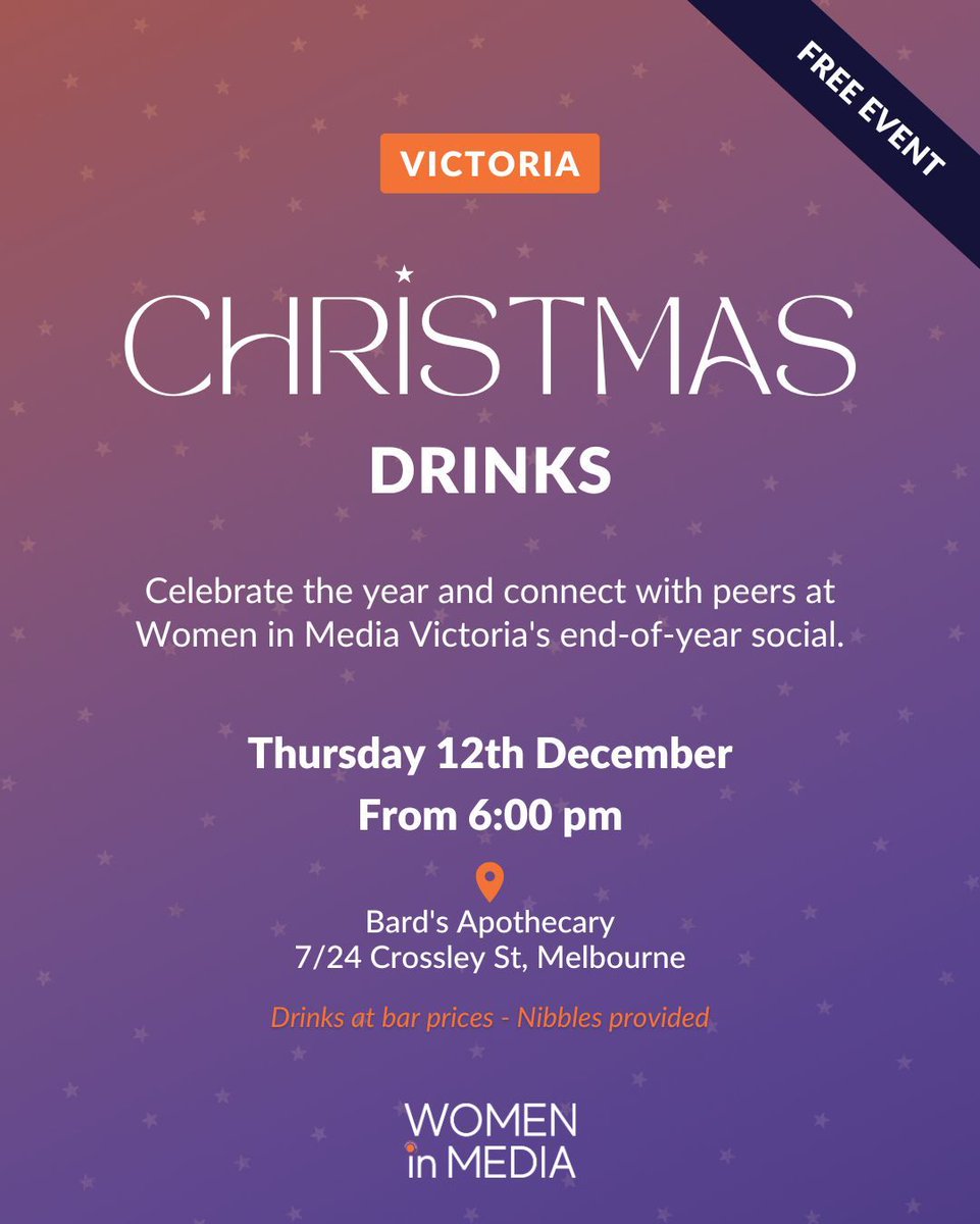 🎄 Join Women in Media Victoria for an end-of-year celebration at the charming Bard's Apothecary in Melbourne. 

Bring a friend along—we’d love to grow our community in our Victoria chapter. Don’t miss this festive gathering!