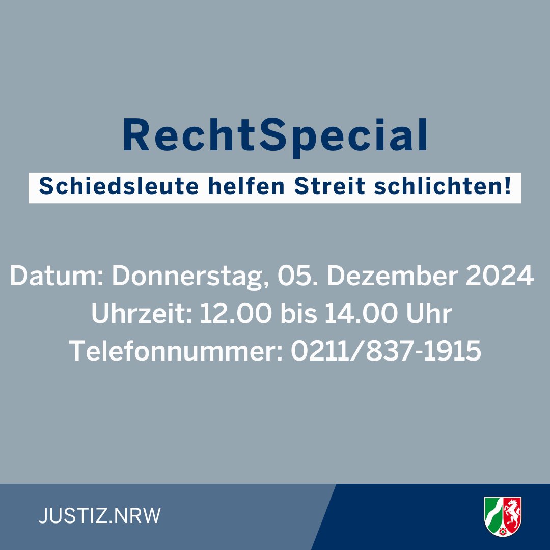 #Terminhinweis: RechtSpecial - #Schiedsleute helfen Streit schlichten! Hier ist oft eine #Streitschlichtung schnell und ohne Gang zum #Gericht möglich.

justiz.nrw/BS/lebenslagen…