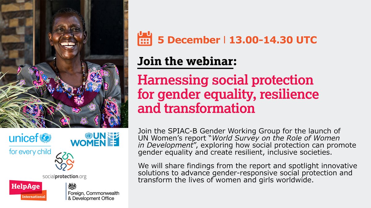 TOMORROW!
Join the launch of <a href="/UN_Women/">UN Women</a>'s report "World Survey on the Role of Women in Development" focusing on harnessing #SocialProtection for #GenderEquality, resilience &amp; transformation.

5 Dec I 13:00-14:30 UTC
👉 ow.ly/SlJ550UaLbB
<a href="/UNICEF/">UNICEF</a> <a href="/SP_Gateway/">socialprotection.org</a> @FCDO <a href="/WIEGOGLOBAL/">WIEGO</a>